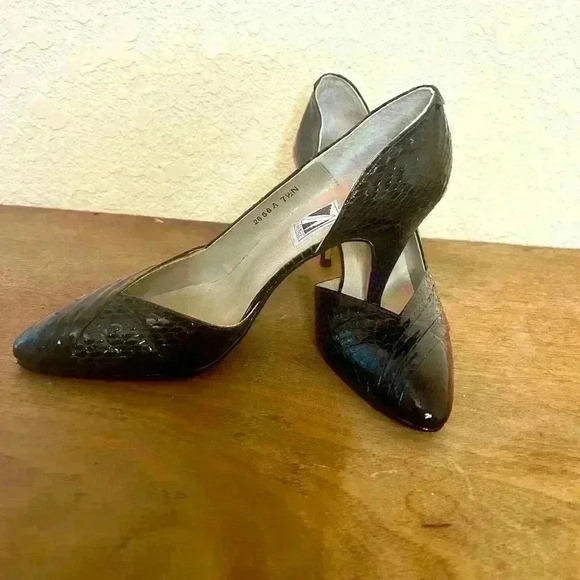 Vintage 80s J Renee Blue‎ Black Snakeskin 3” Stilletto Heels 7.5 - Picture 1 of 8